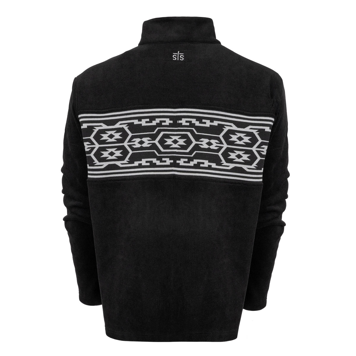 Black sweater with a white geometric pattern on the back, on a white background.