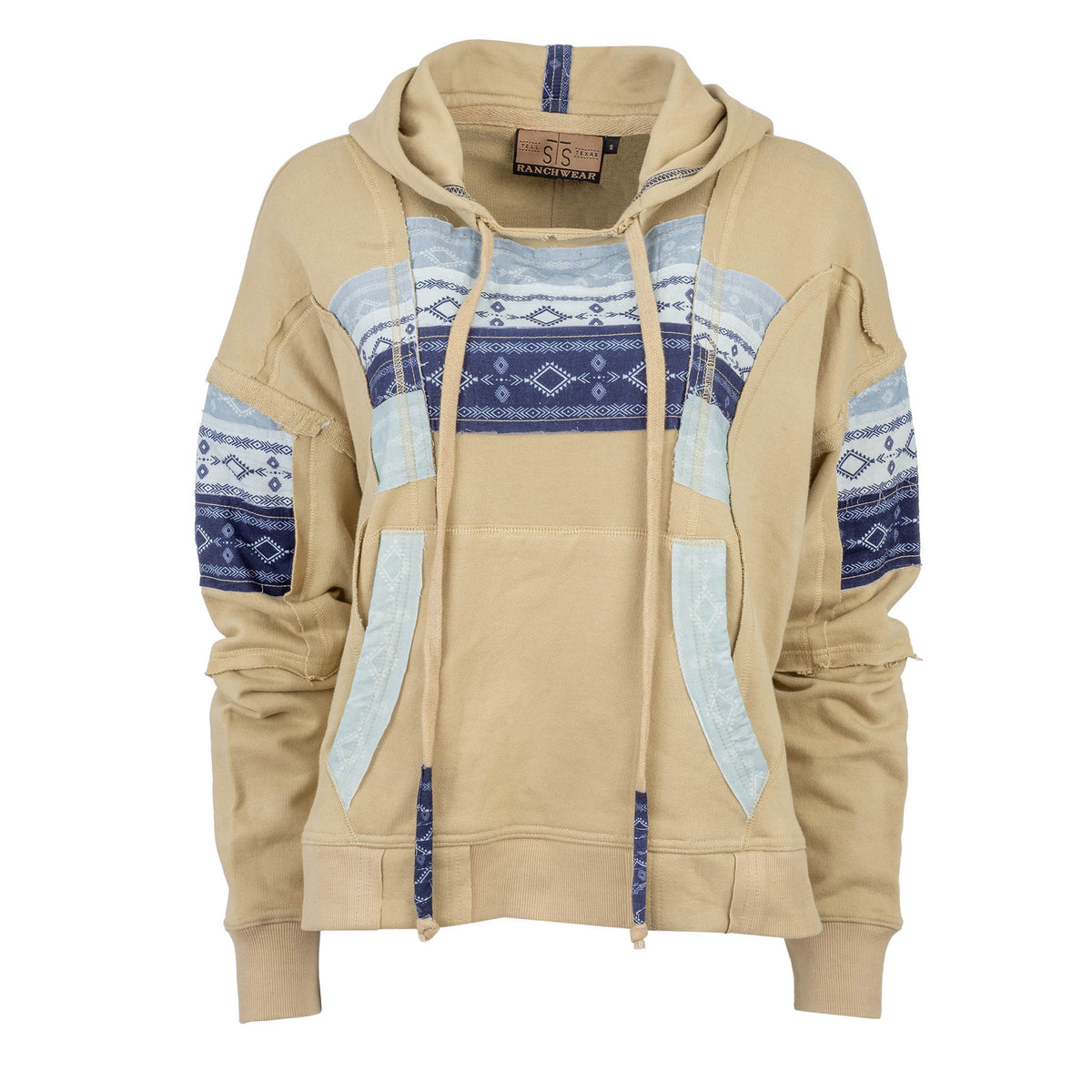 Beige hoodie with blue and white pattern on sleeves and chest with a drawstring hood against a white background.