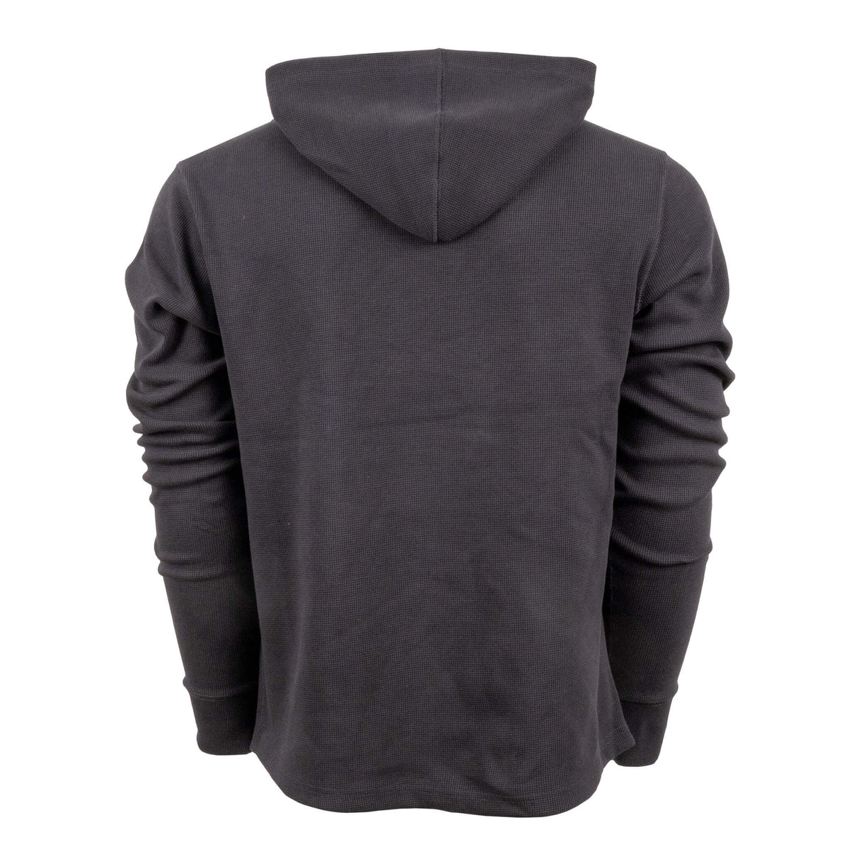 Back of a men's black waffle knit hoodie displayed on a white background.