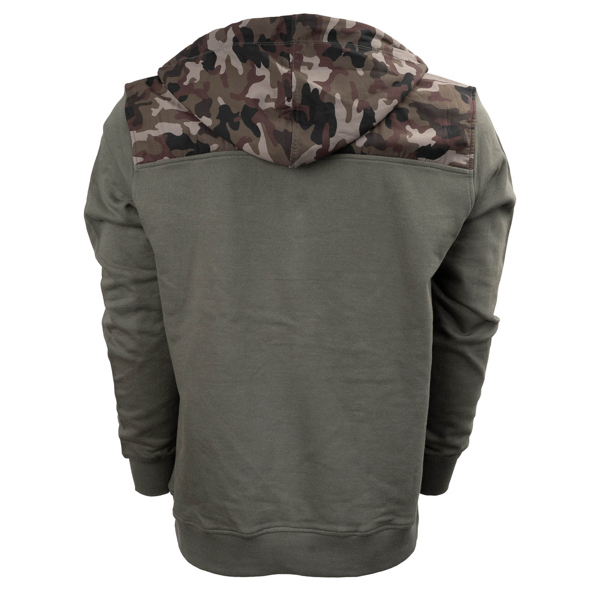 Back of men's hoodie with camouflage pattern on the shoulders and hood and a solid color body.