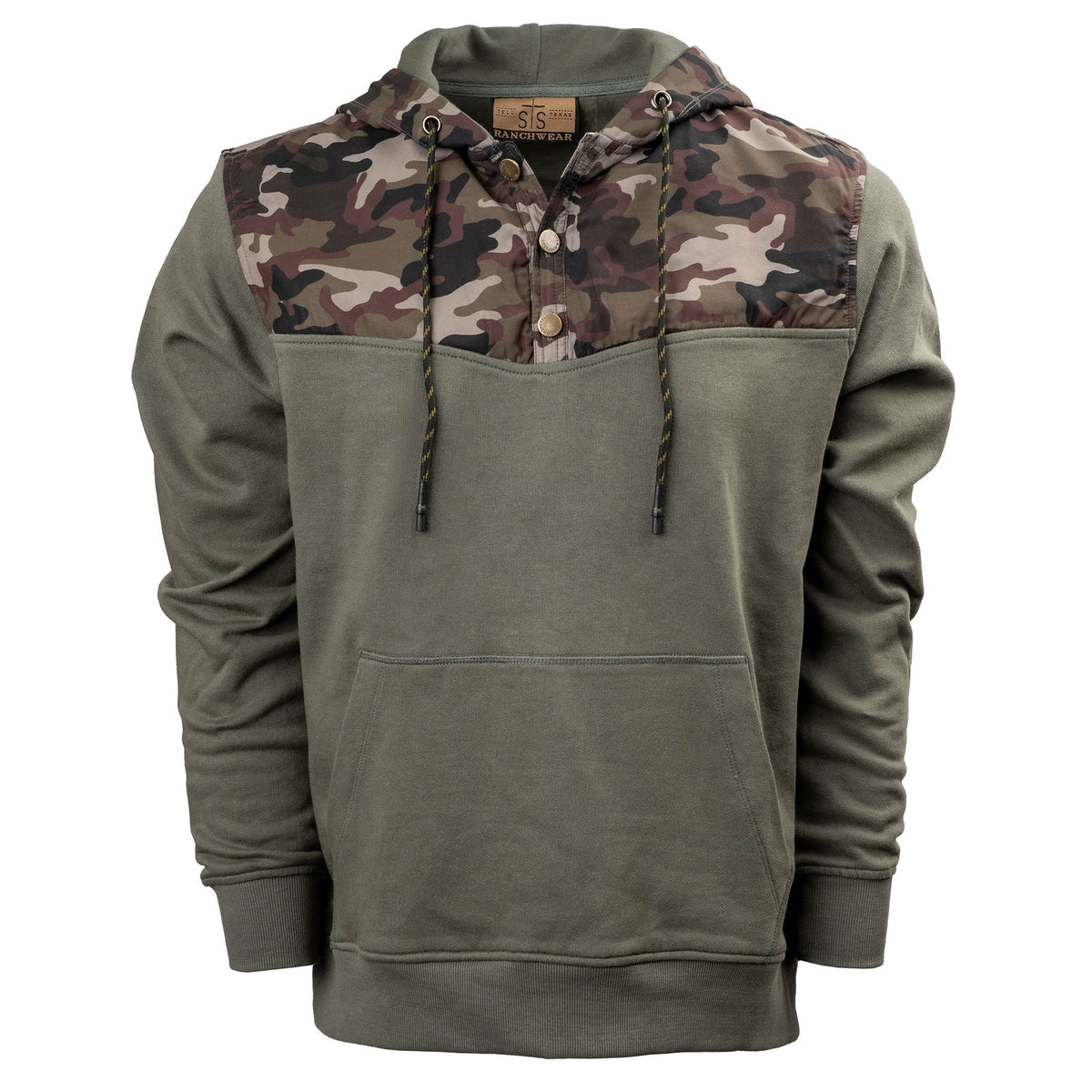 Men's hoodie with camouflage pattern on the shoulders and hood and a solid color body, featuring a drawstring and a front kangaroo pocket.