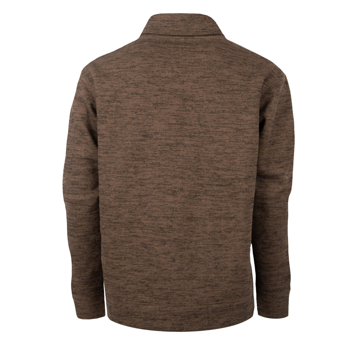 Back of a men's Olathe Pullover in Heather Chocolate color, featuring a button cowl neck and fleece lining, with ribbed cuffs and waistband.