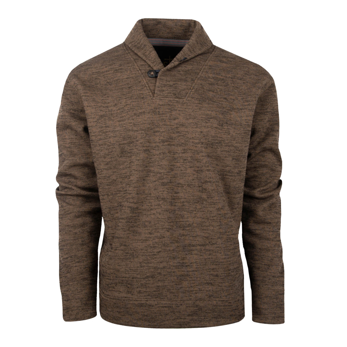 Men's Olathe Pullover in Heather Chocolate color, featuring a button cowl neck and fleece lining, with ribbed cuffs and waistband.