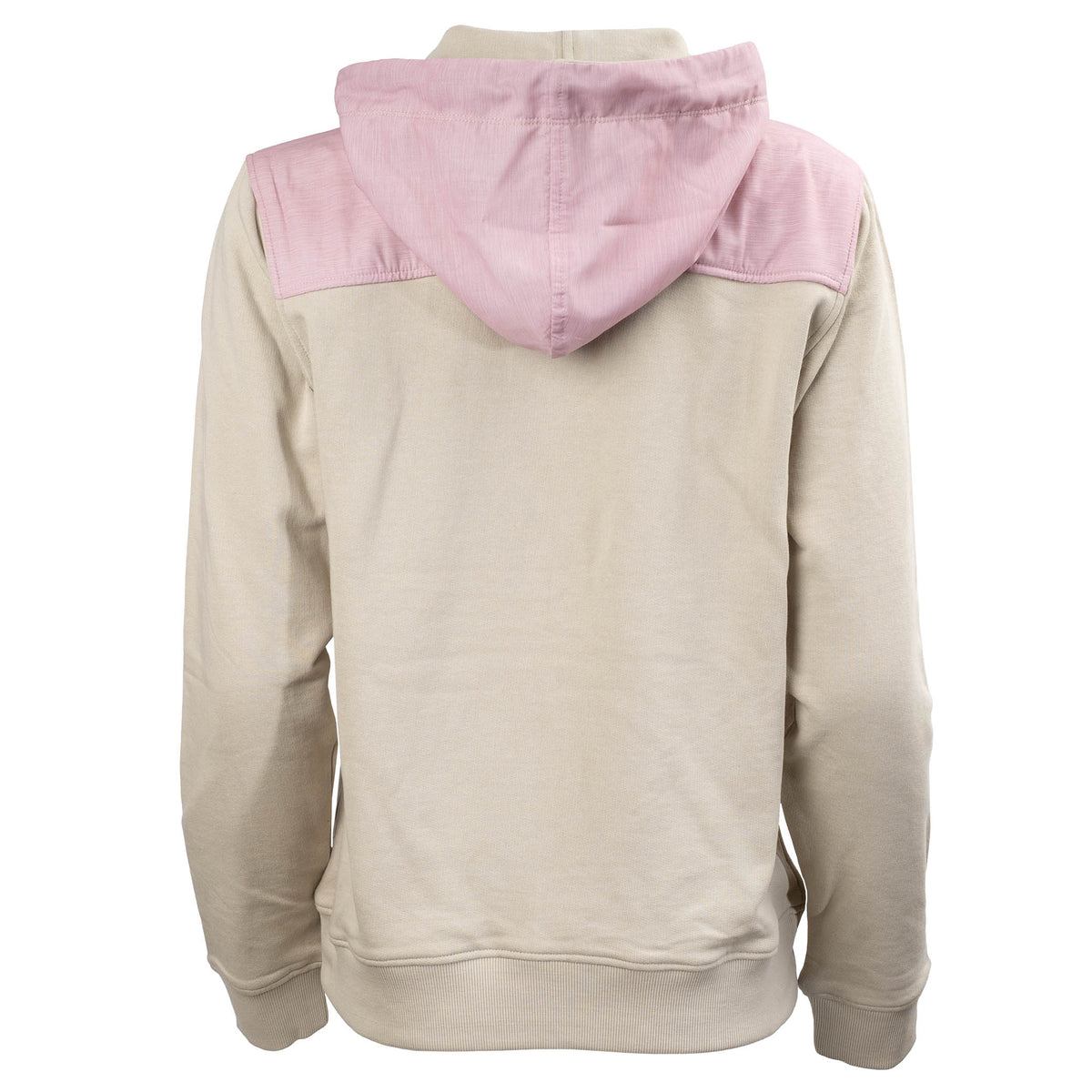 Back of a women's hoodie with a beige body and pink accents, featuring a drawstring hood.
