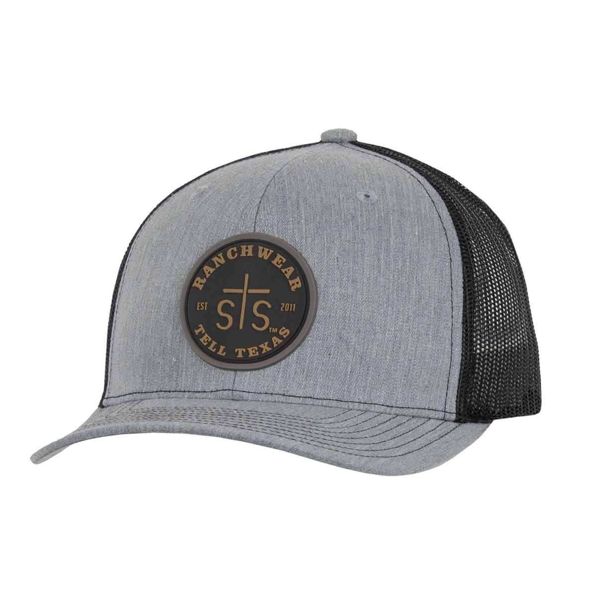 A heather gray trucker hat with a charcoal rubber patch featuring the STS Ranchwear logo, with a black mesh back and an adjustable snapback strap.