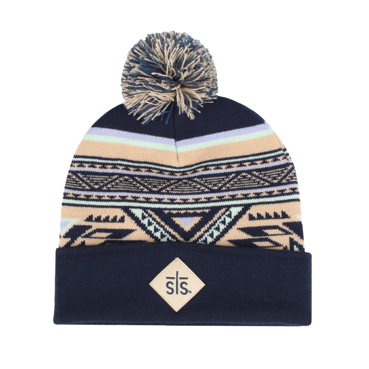A beanie with a geometric pattern featuring navy blue, beige, and white colors, topped with a multicolored pom-pom.