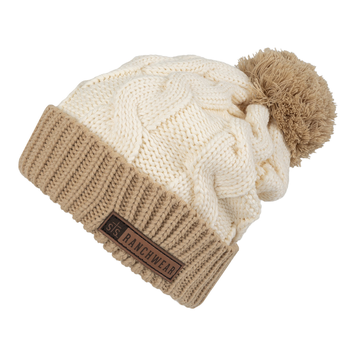 A beige and brown STS Ranchwear beanie with a pom-pom top.