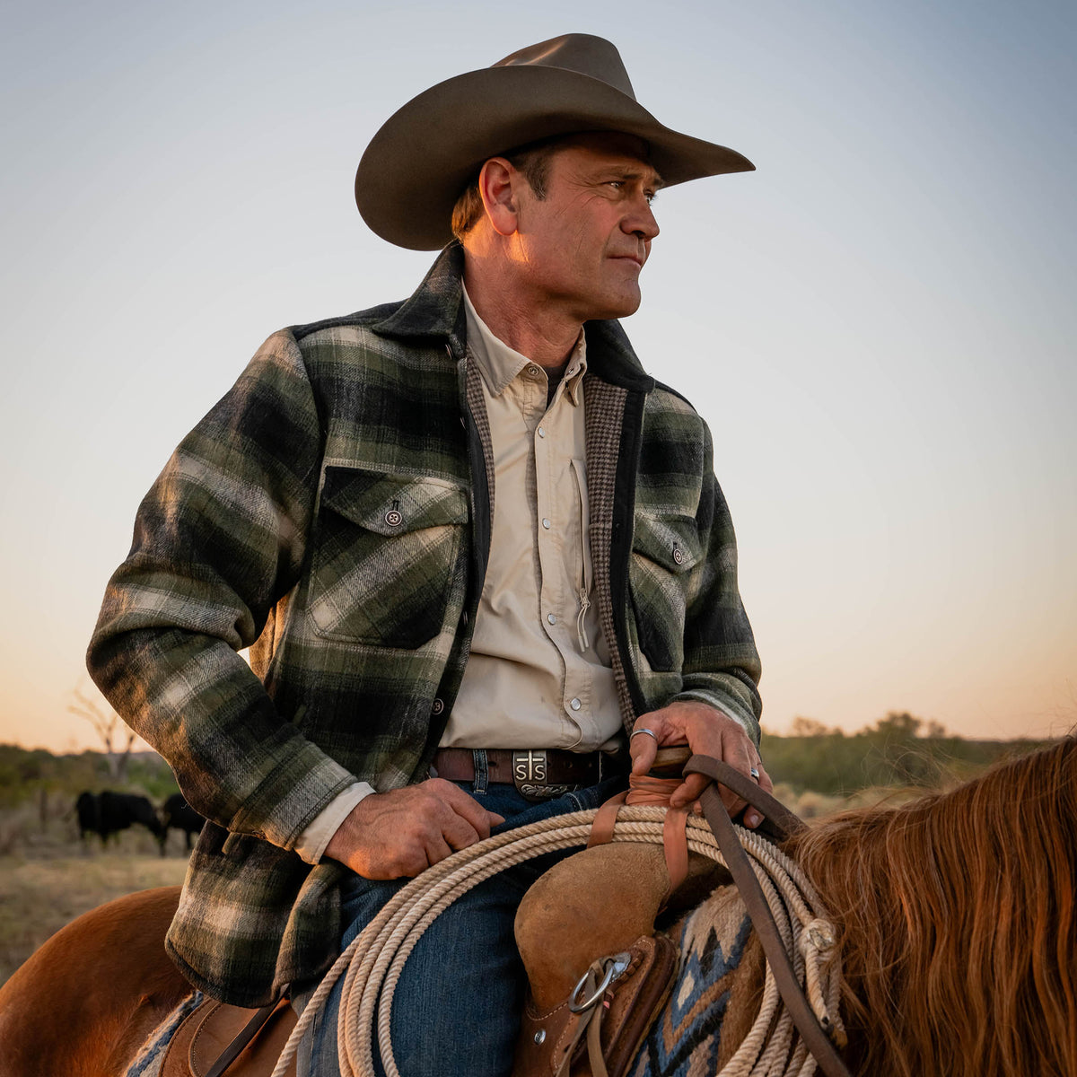 Man in cowboy hat and green plaid jacket riding a horse with a sunset background.