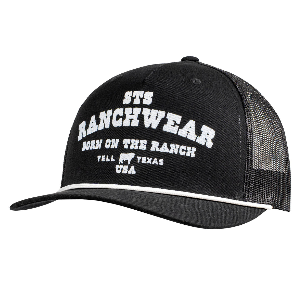 A black STS Ranchwear rope hat with an adjustable snapback, white braided rope detail, and a screen printed graphic on the front.