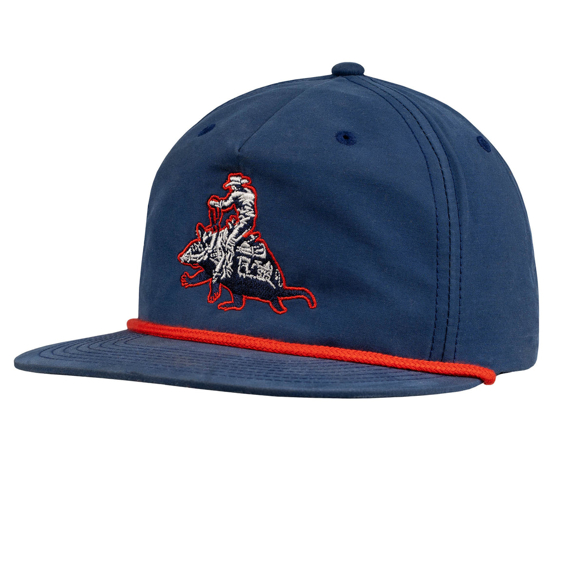A flat bill navy rope hat with red braided rope detail and STS Ranchwear embroidery on the front.
