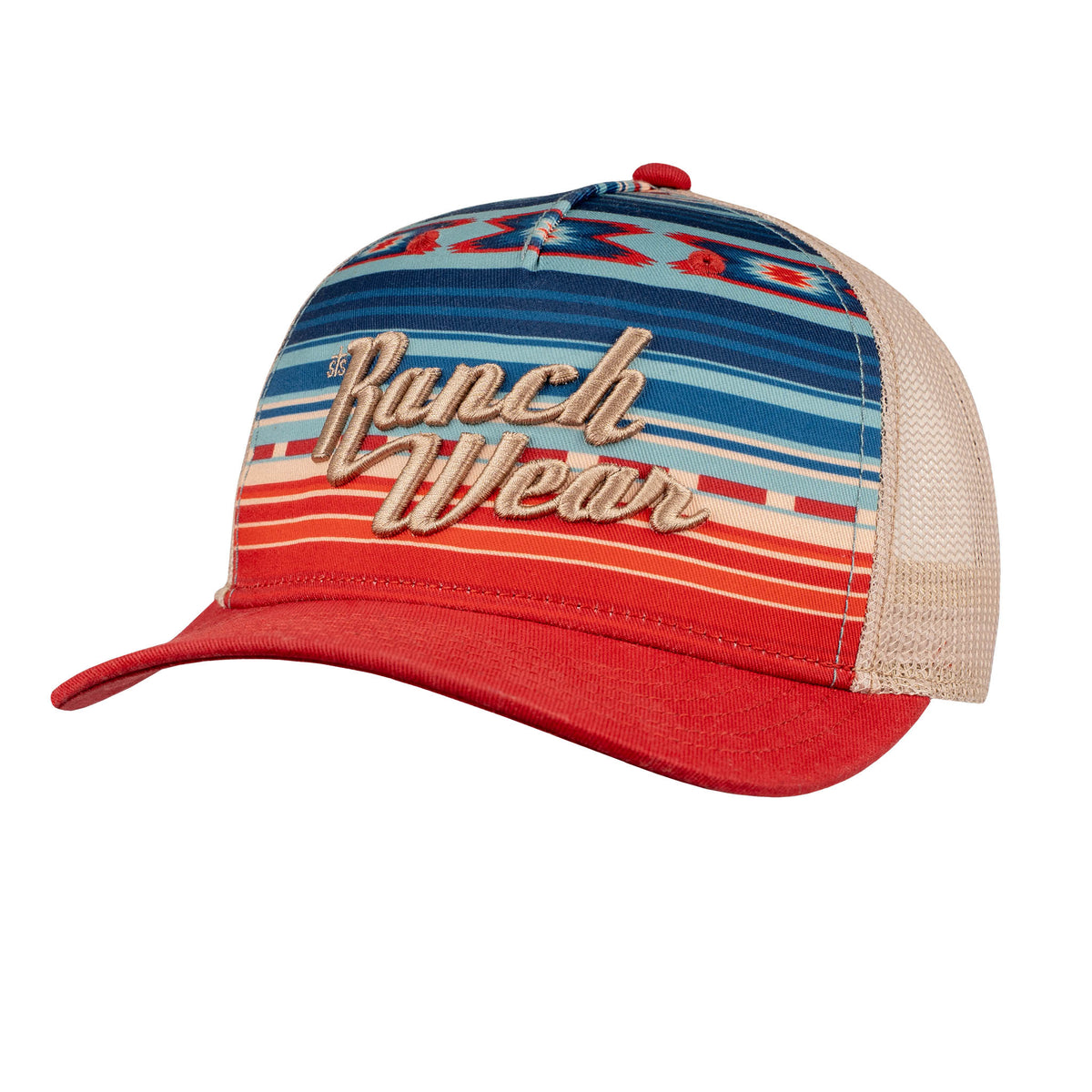 A trucker style hat with geometric pattern featuring stripes and geometric shapes in multiple colors, including red, blue, beige, and green, with 'Ranch Wear' text embroidered in the center.