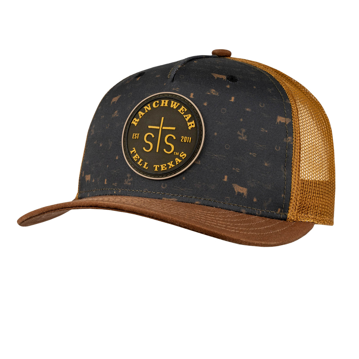 A black and brown trucker style hat with an STS Ranchwear rubber patch and an adjustable plastic snapback.