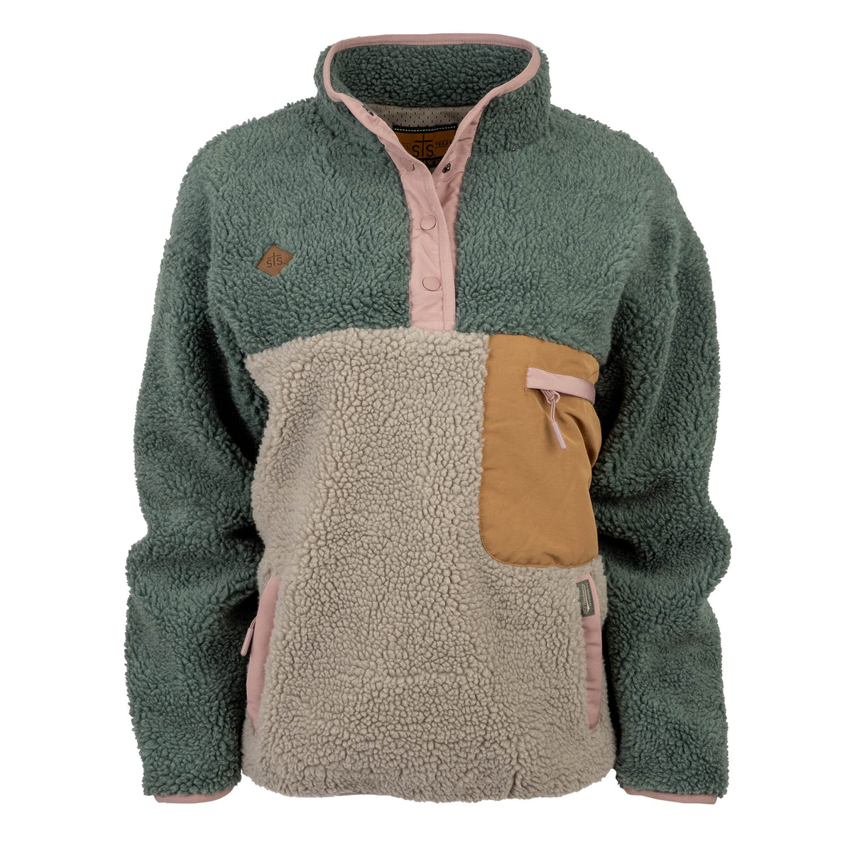 Multicolored high plush fleece pullover with a mix of green, beige and brown on a white background.
