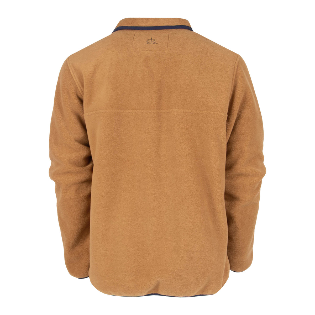 Back of a men's camel-colored pullover with a collar.