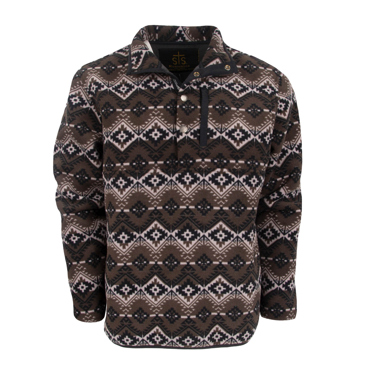 Men's pullover sweater with a geometric pattern in black, brown, and white colors, featuring a four-button neck closure and fleece-lined pockets.
