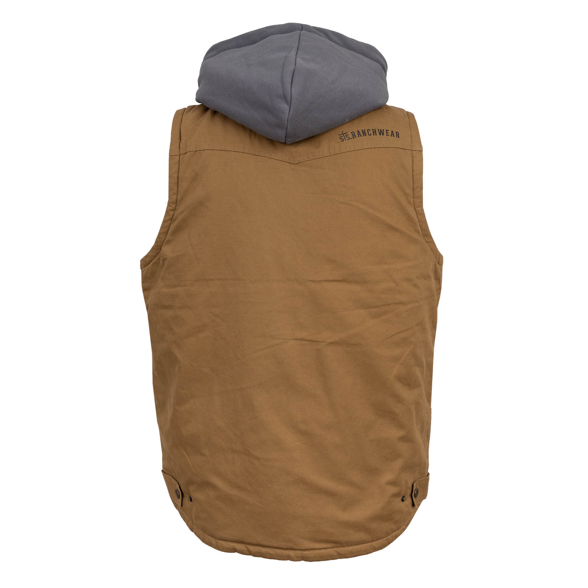Brown vest with gray hood on a white background.