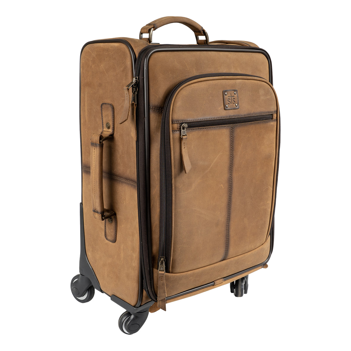 Angle view of brown genuine leather rolling suitcase featuring leather handles and zip around closure.