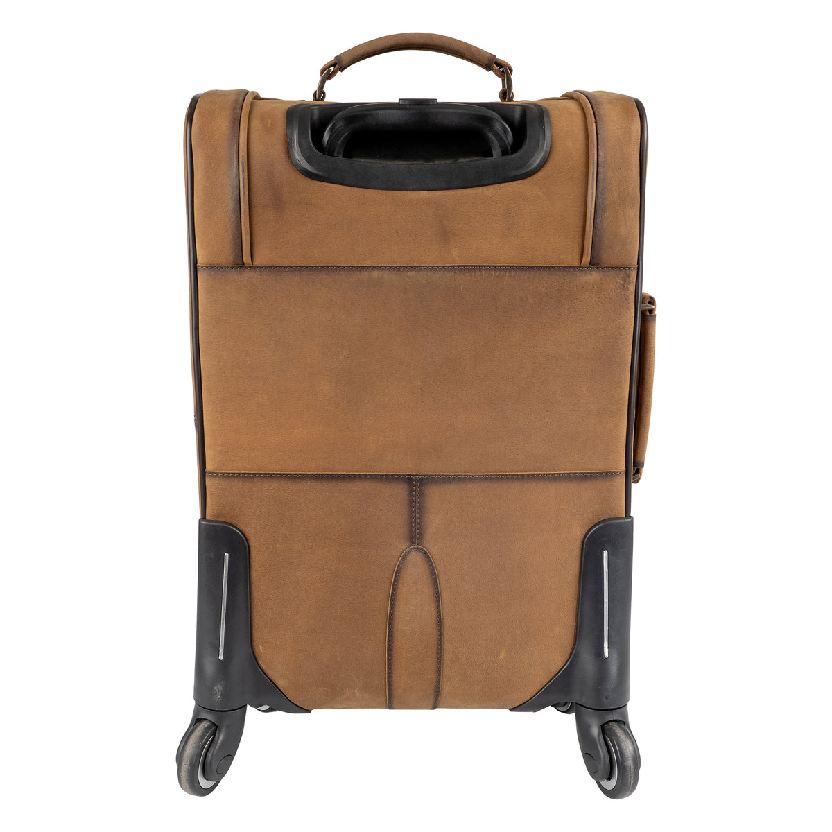 Back view of brown genuine leather rolling suitcase featuring a telescoping handle.