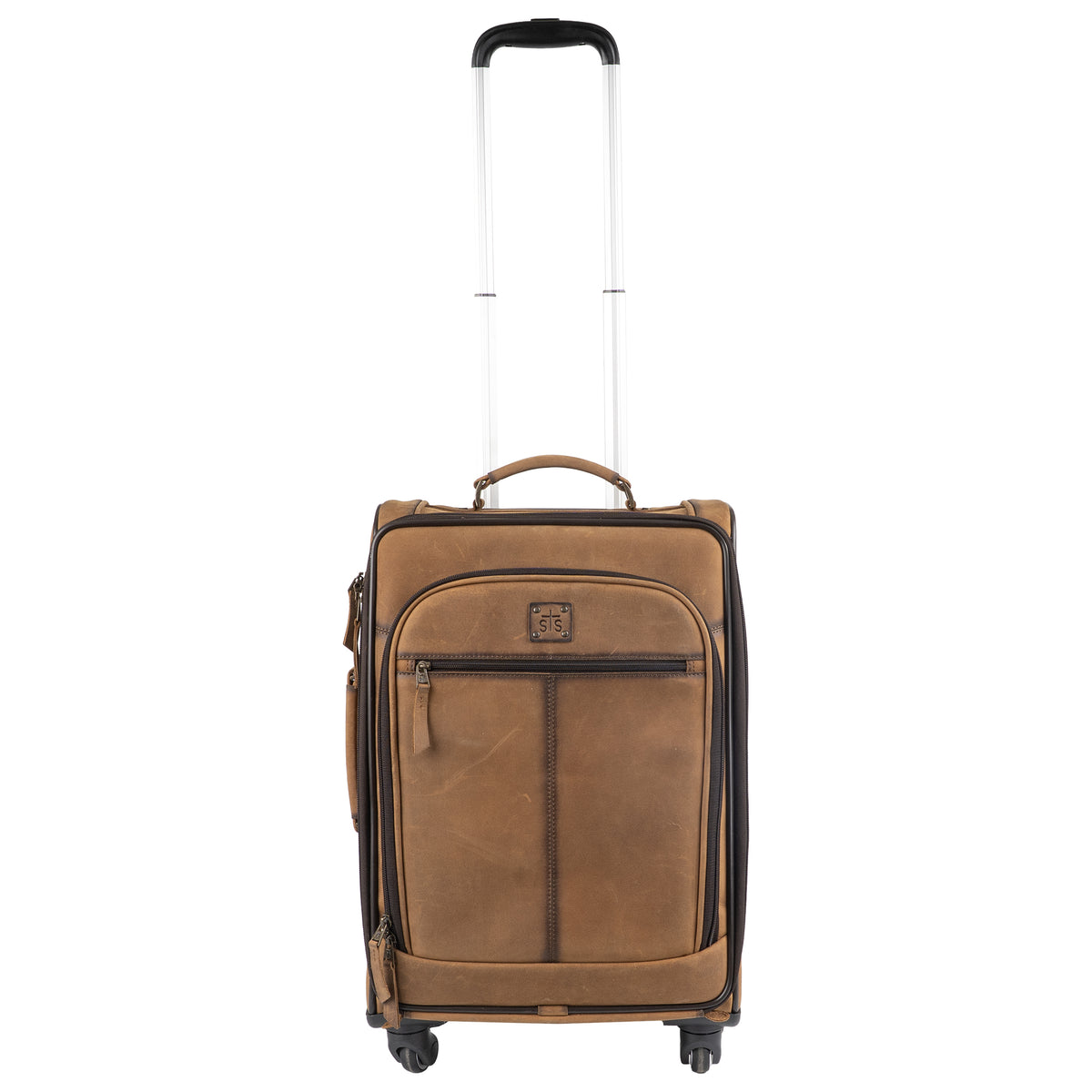 Front view of brown leather rolling suitcase with telescoping handle extended.