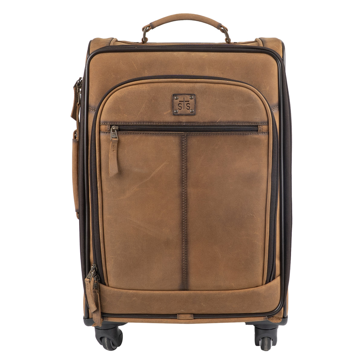 Brown genuine leather rolling suitcase featuring leather handles and multiple pockets.