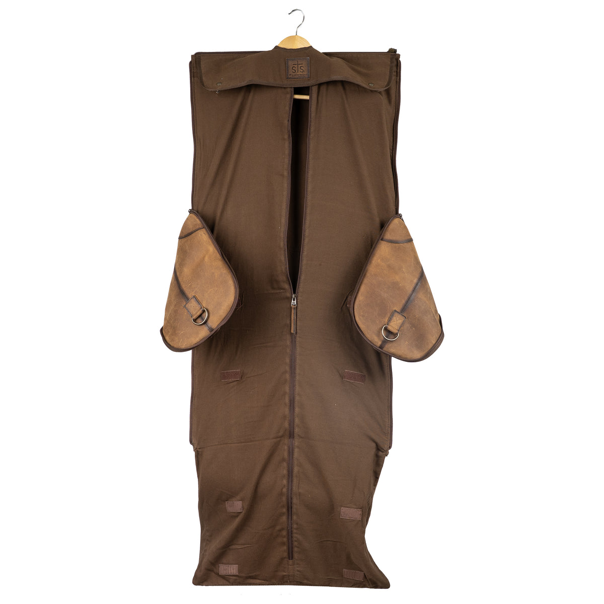 Inside of a brown garment bag featuring a folding design with a garment bag inside.