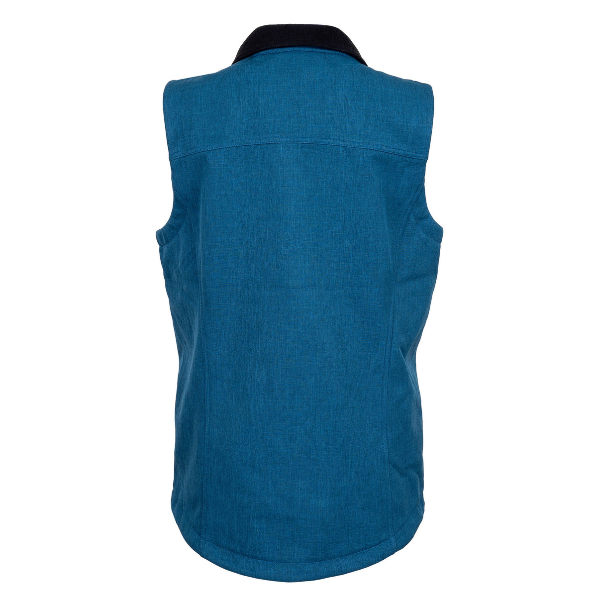 Back of teal vest with black fleece collar on a white background.