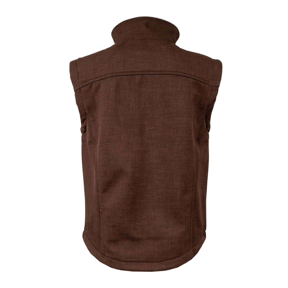 Back of a brown youth vest displayed on a white background.