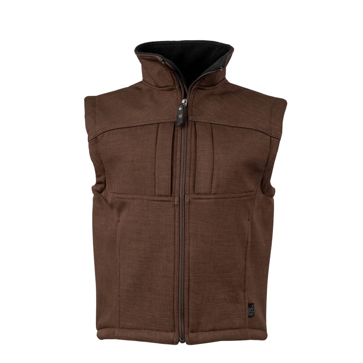 A brown youth vest with a zip front closure and two exterior hand warming pockets displayed on a white background.