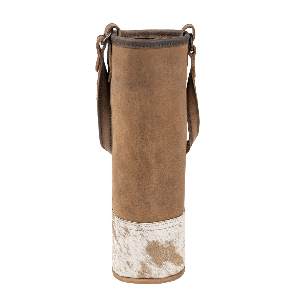 Brown leather wine bottle holder with white base on a white background.