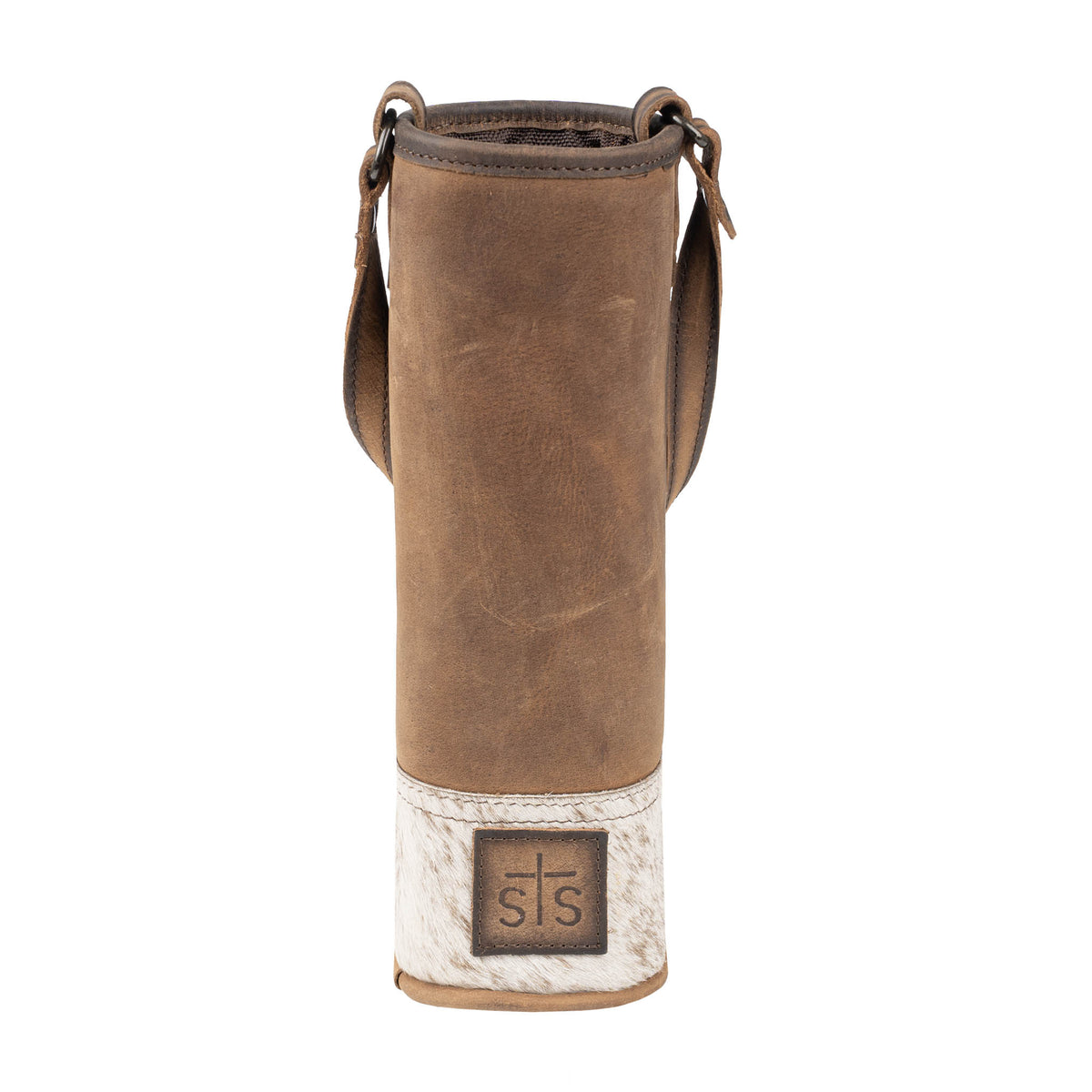 Brown leather wine bottle holder with white base and 'STS' logo on a white background.