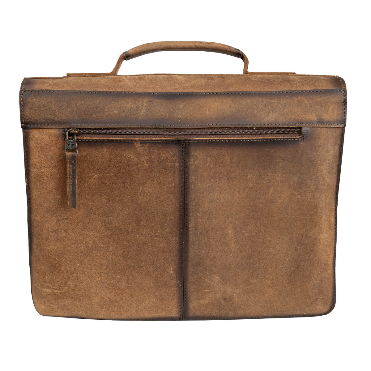 Back of brown genuine leather portfolio with leather handle and zip closure pocket on a white background.