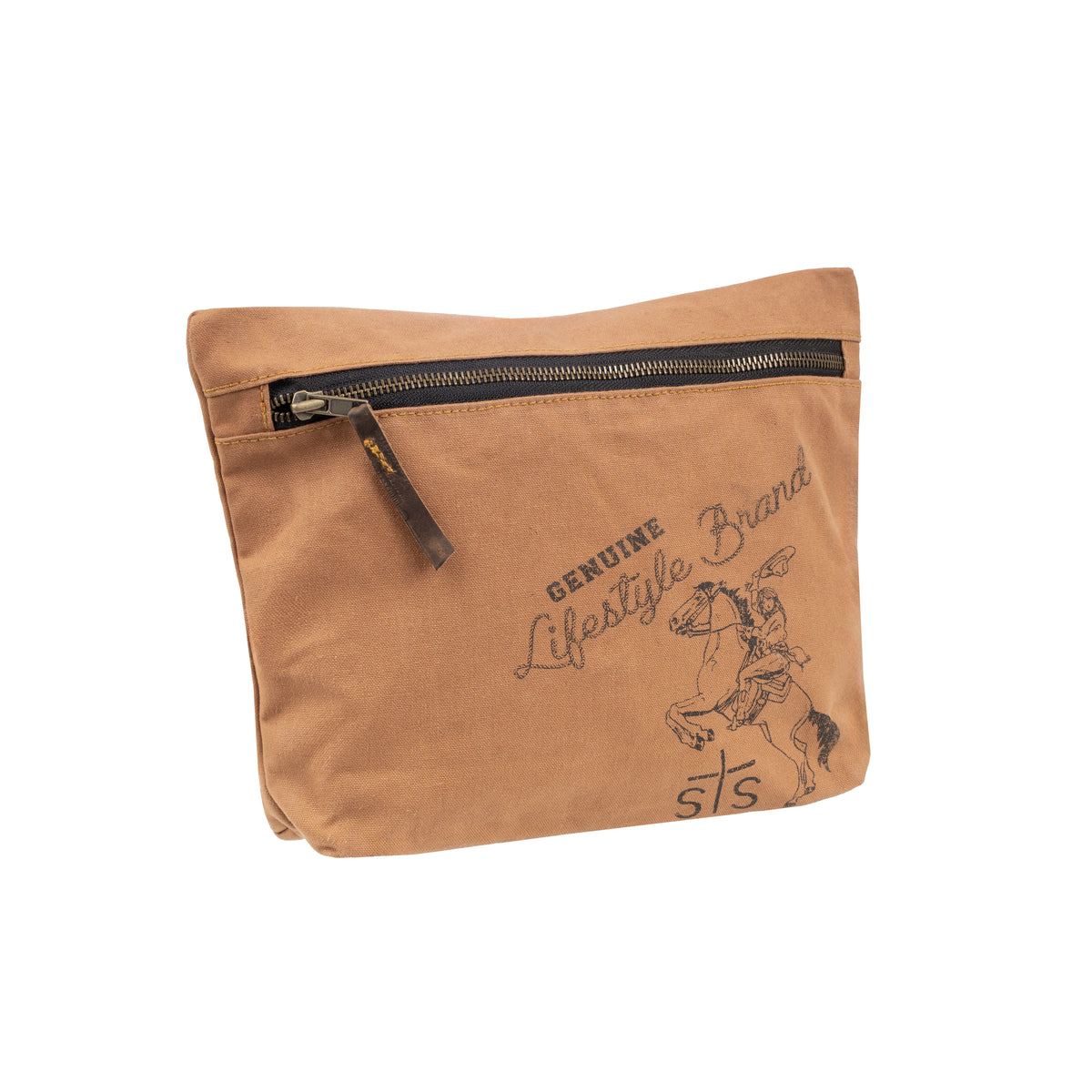 side front view of our front zip closure canvas cosmetic bag with unique sts cowgirl design on white background