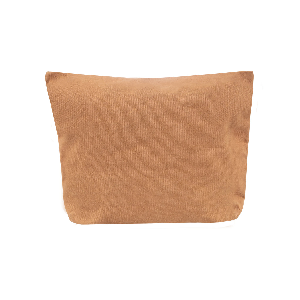 back view of our front zip closure canvas cosmetic bag with unique sts cowgirl design on white background