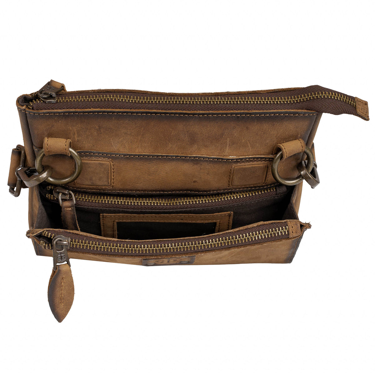 Brown leather bag with zip pockets and ID slot.