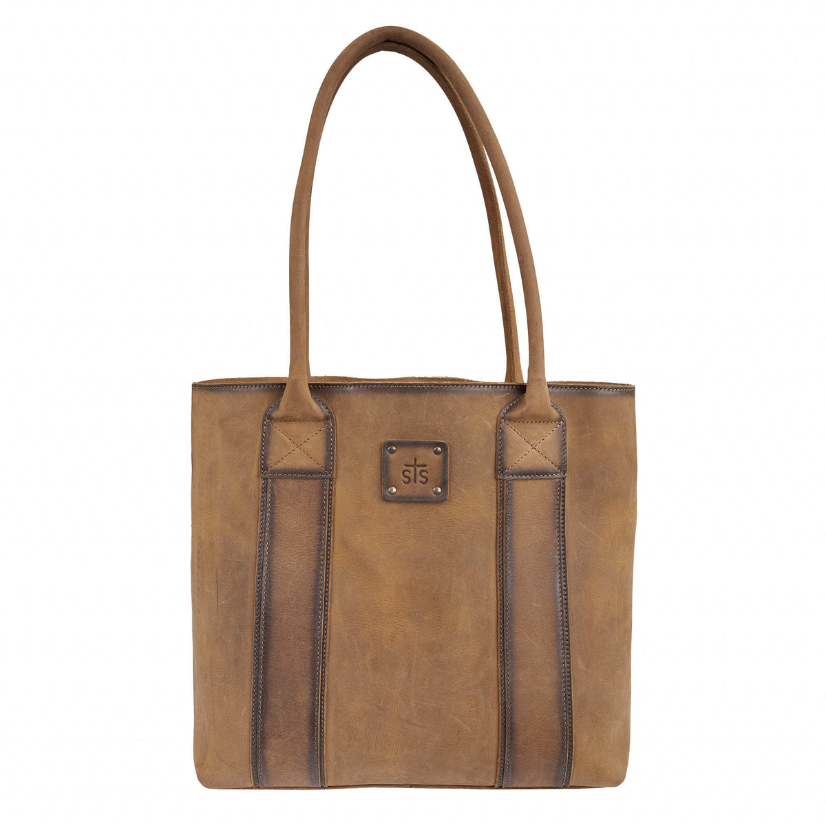 Brown leather tote bag with dual rolled leather handles and brown leather patch with embossed STS Ranchwear logo on a white background.