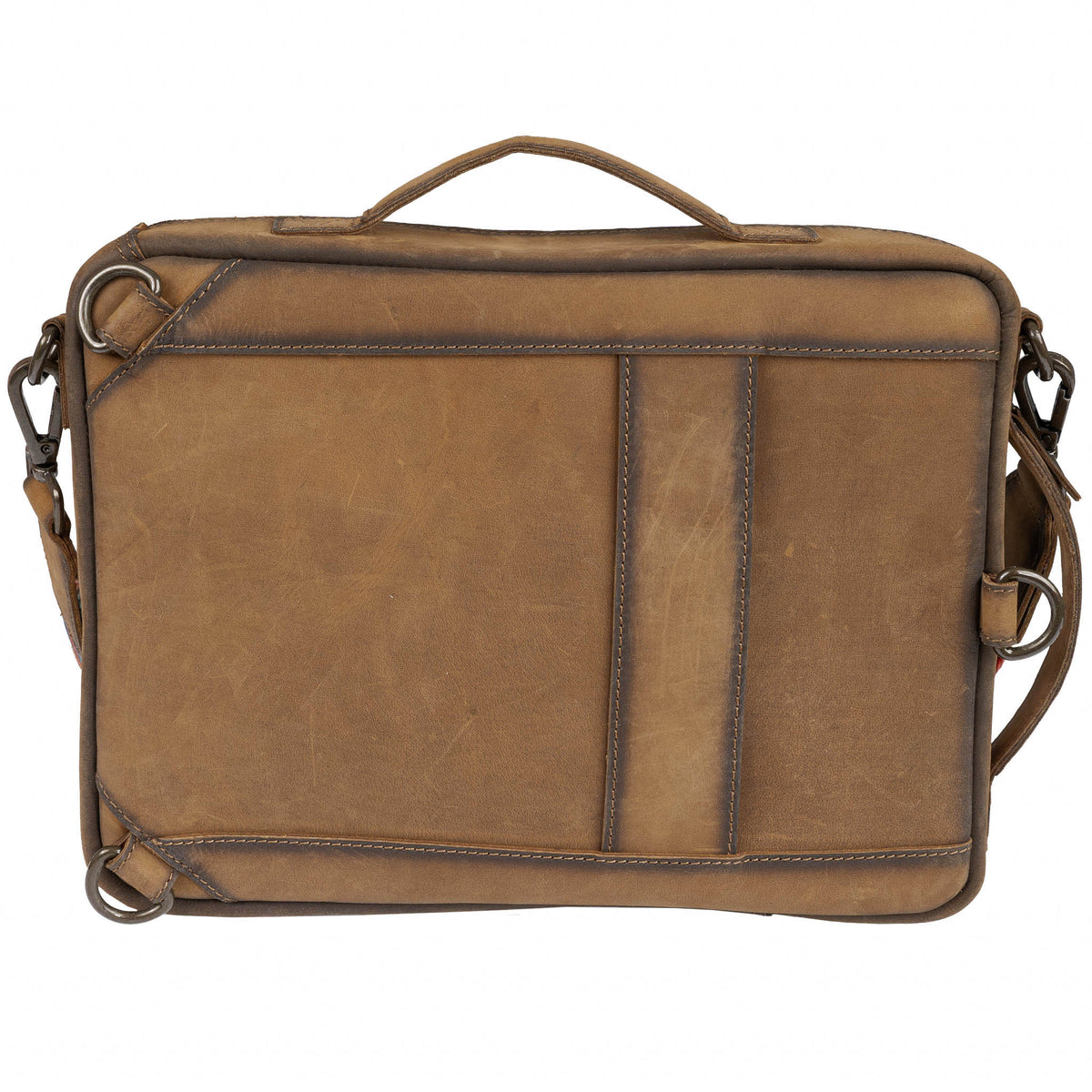 Brown leather backpack with leather handle and trolley sleeve.
