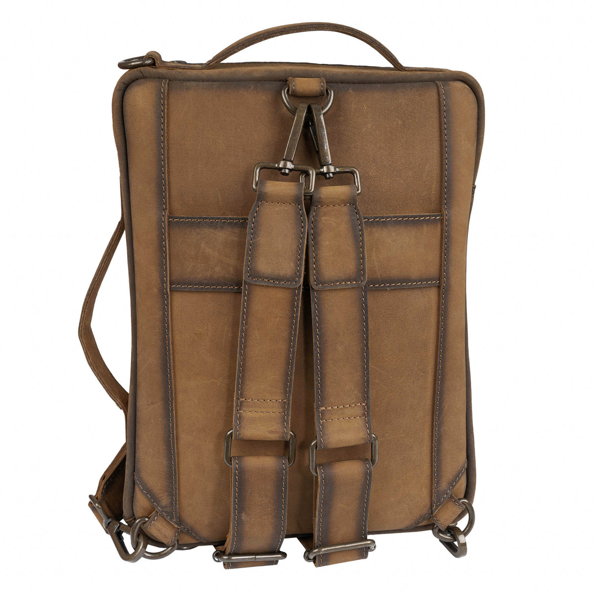 Brown leather bag with brown leather backpack straps on a white background.