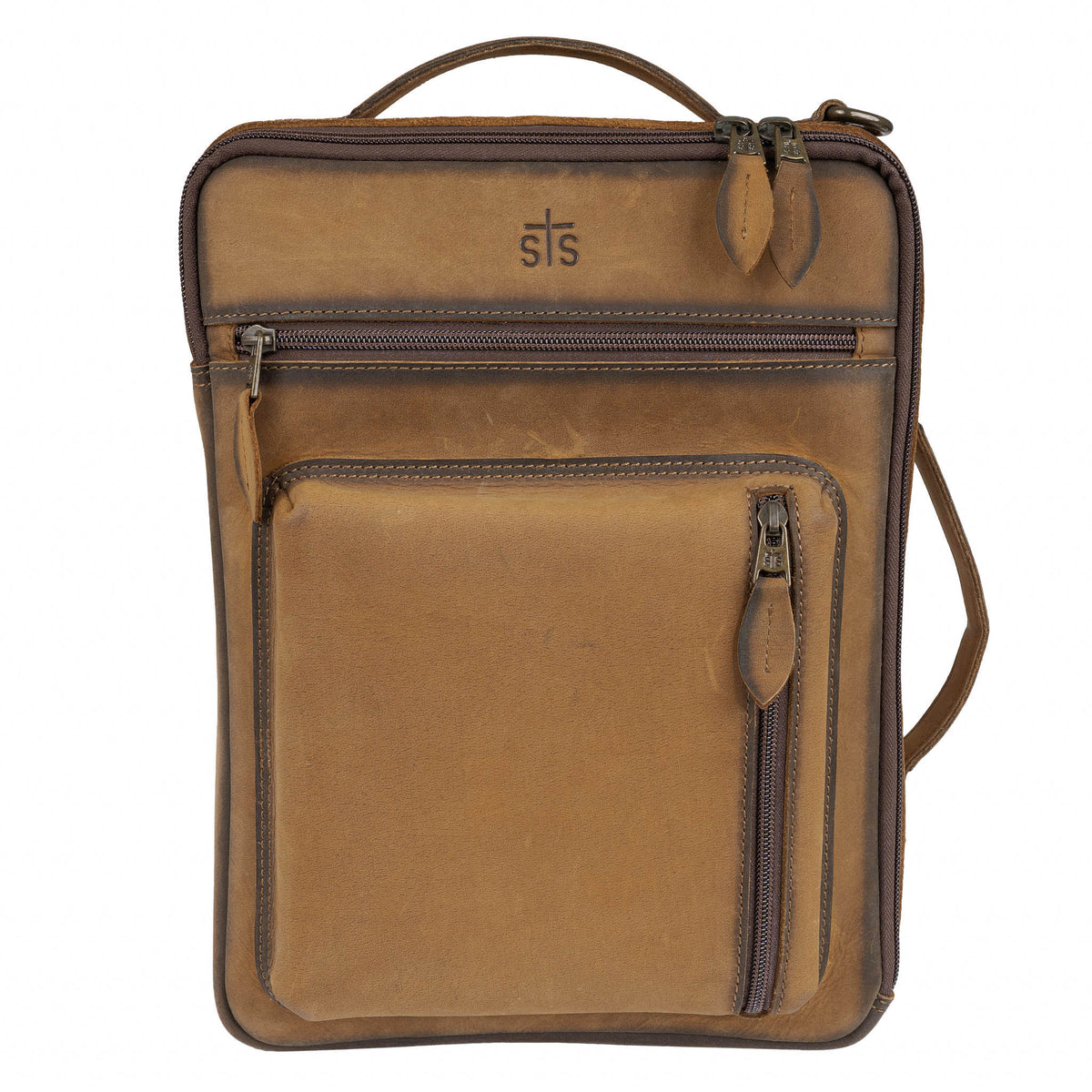 Brown leather backpack with multiple zip closure compartments nad leather handle.