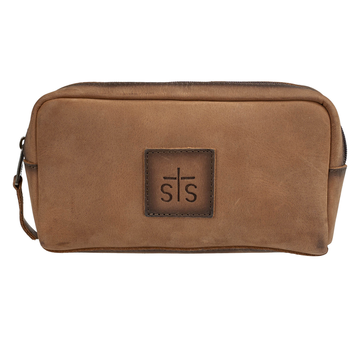Brown genuine leather cosmetic bag with zip closure and brown leather patch with STS Ranchwear embossed logo.