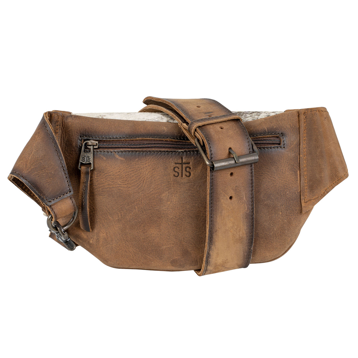Back view of cowhide belt bag featuring brown genuine leather backing, zip closure pocket and embossed STS Ranchwear logo.