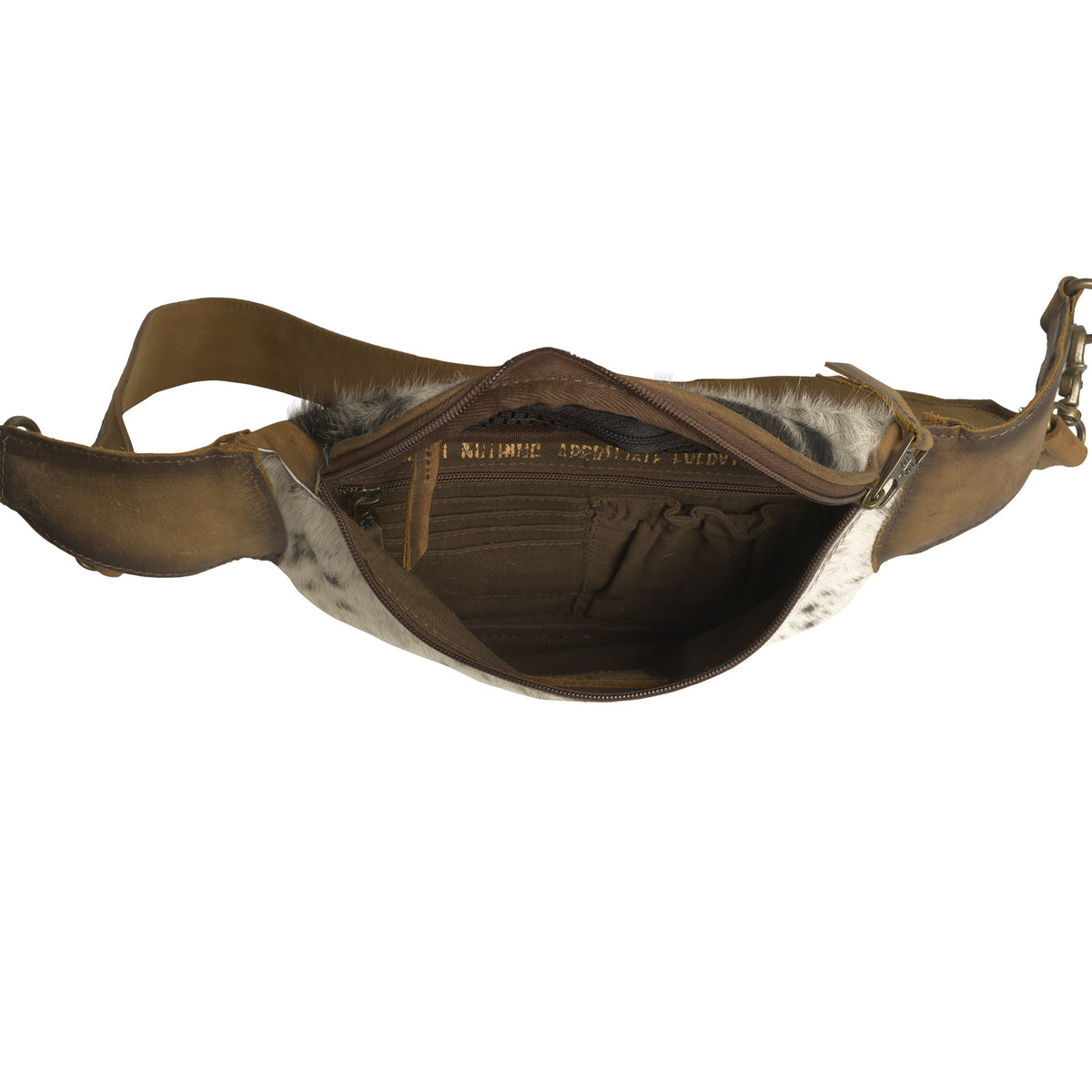 Inside view of cowhide belt bag with brown lining, card slots, scrunch pocket and zip closure pocket.