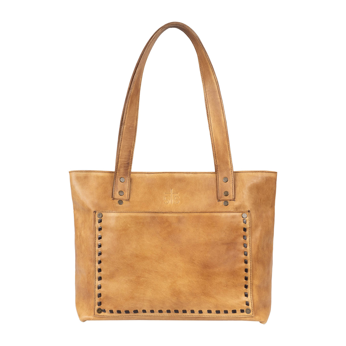 Brown leather tote bag with studs and leather handles on a white background.