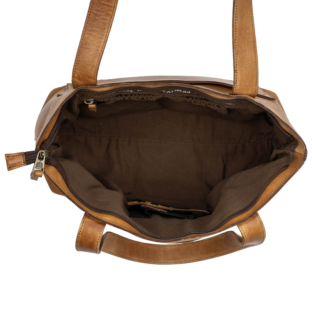 Brown leather bag with open main compartment featuring concealed carry pocket and scrunch pockets on a white background.