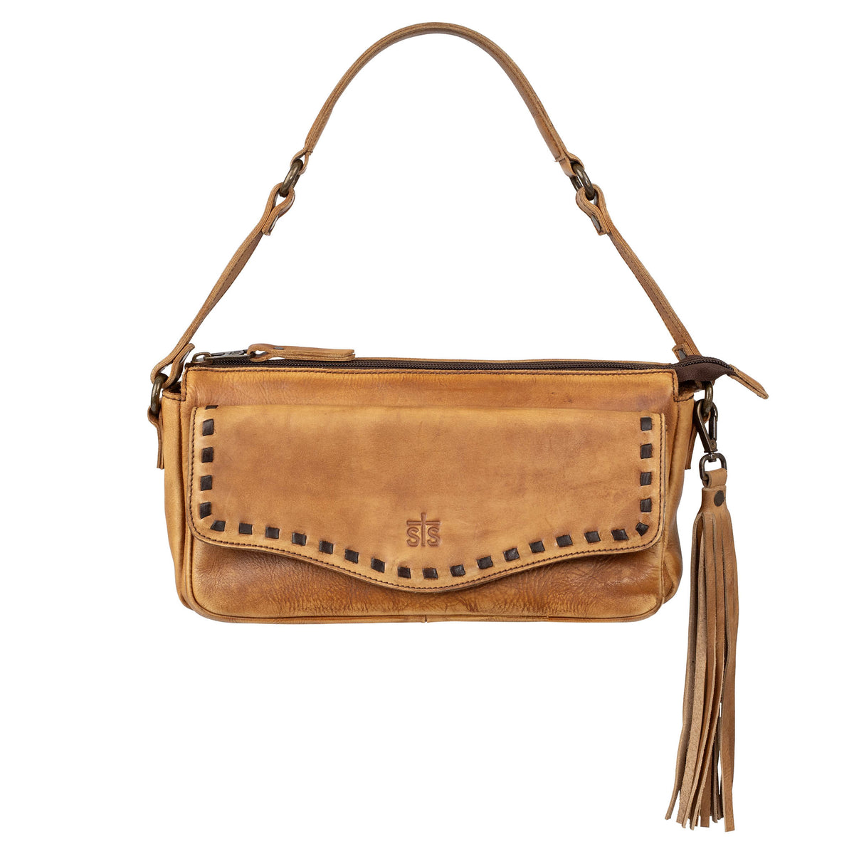 Brown leather handbag with zip closure, leather shoulder strap, leather tassel and buckstitch accents on a white background.