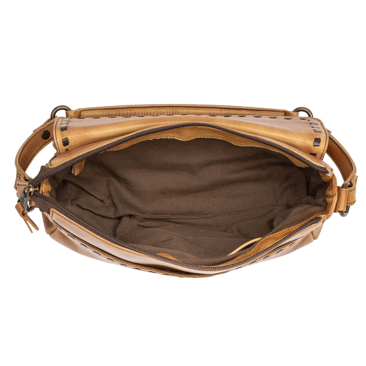 Open tan leather bag with visible brown lining interior on a white background.