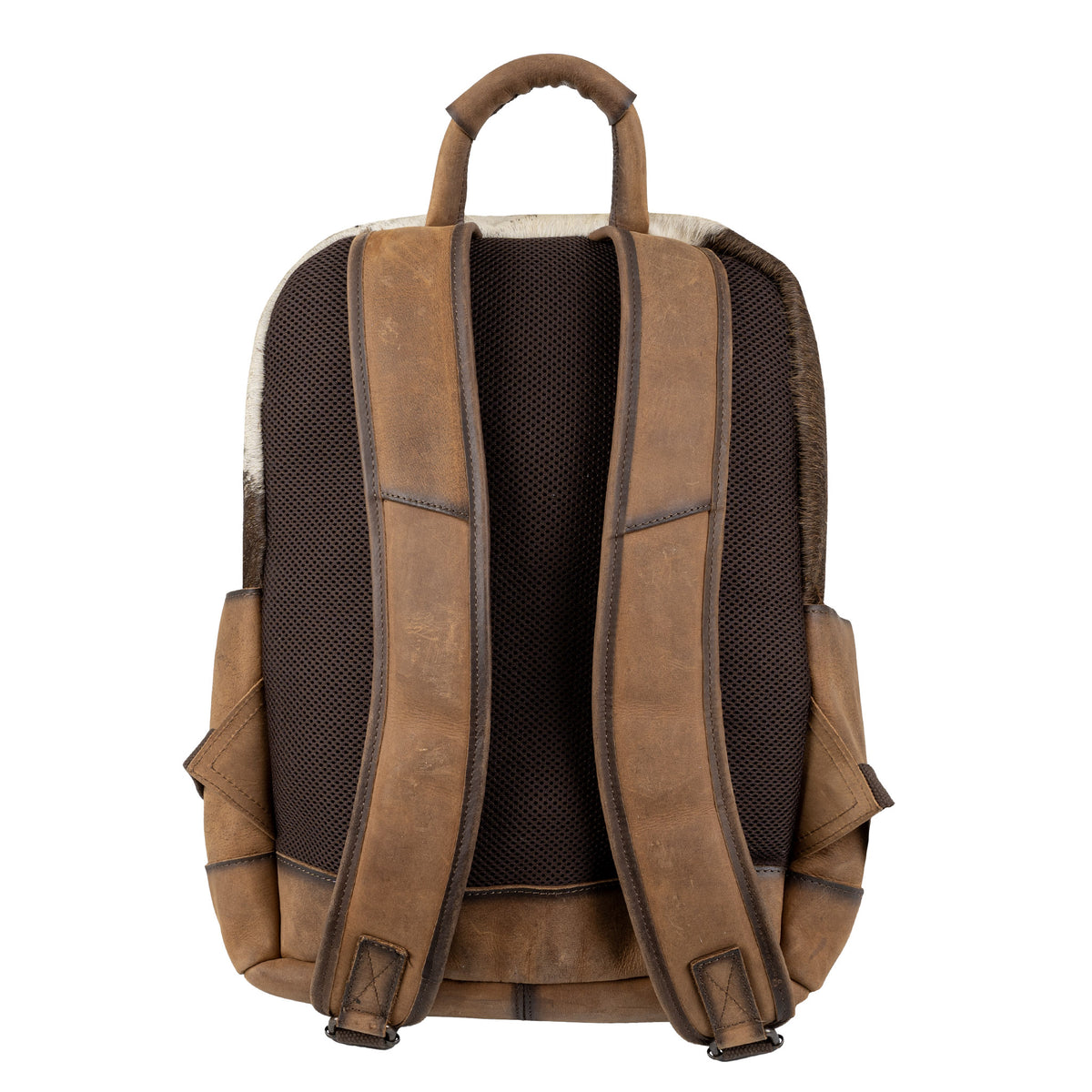 Back of cowhide backpack with padded backing and adjustable shoulder straps.