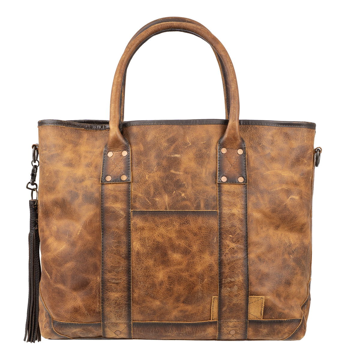 back of our cowhide and distressed full grain leather purse with top zip closure, two top carry handles and removable tassel on white background