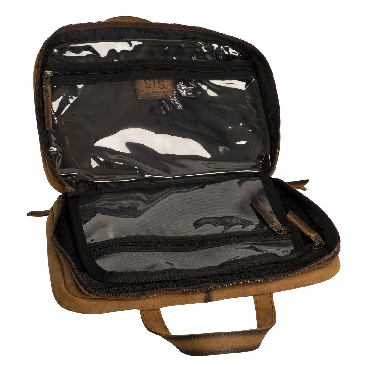 Open brown leather toiletry bag with black interior lining and multiple pockets on a white background.