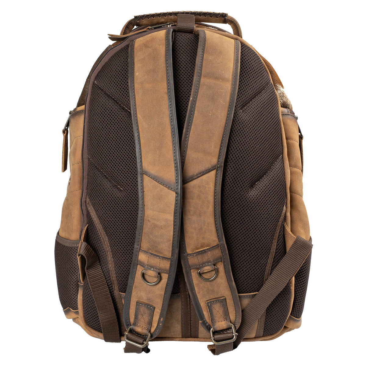 Brown leather backpack with black mesh back panel and adjustable padded shoulder straps on a white background.