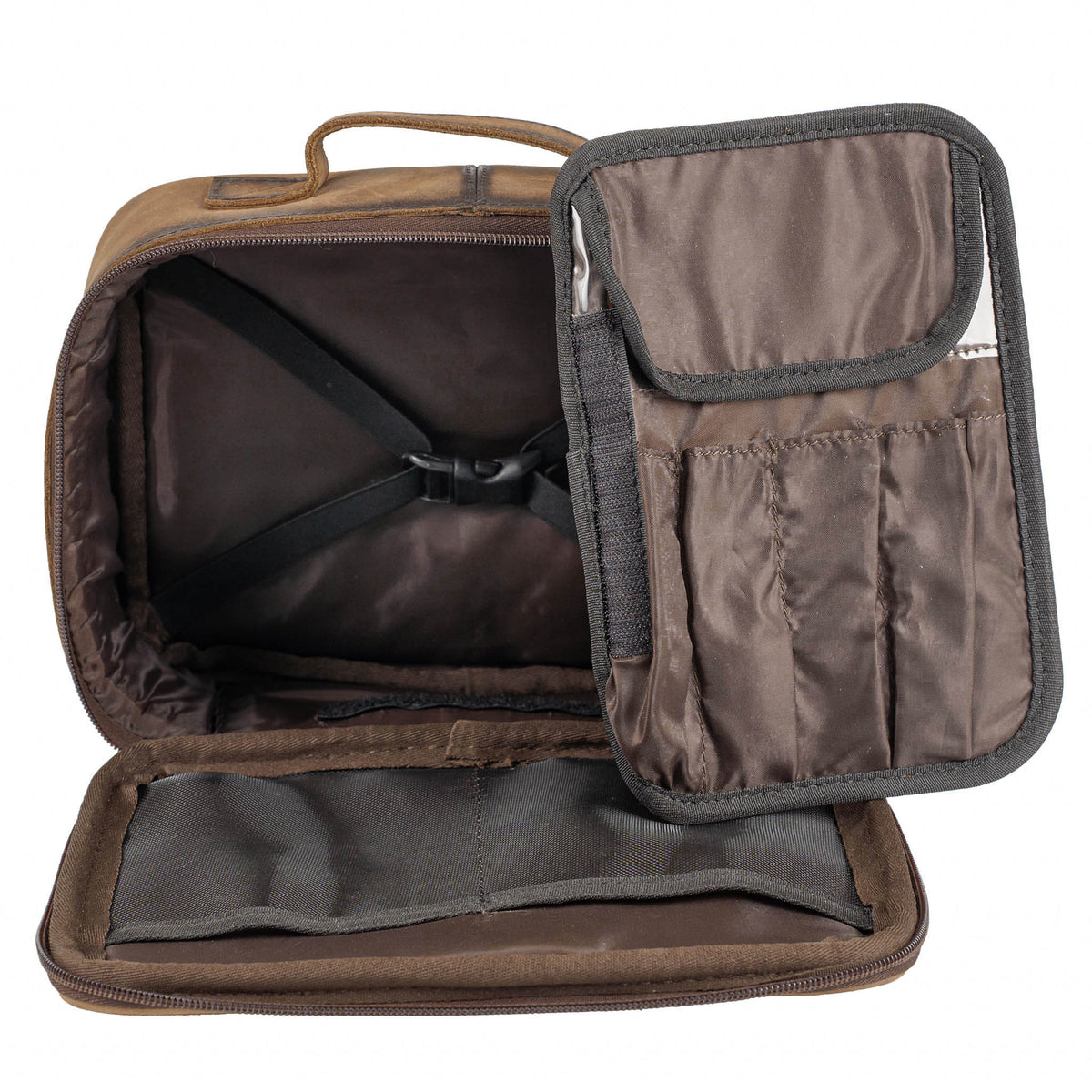 Brown travel cosmetic bag with open compartment, slip pockets and removable brush pouch.